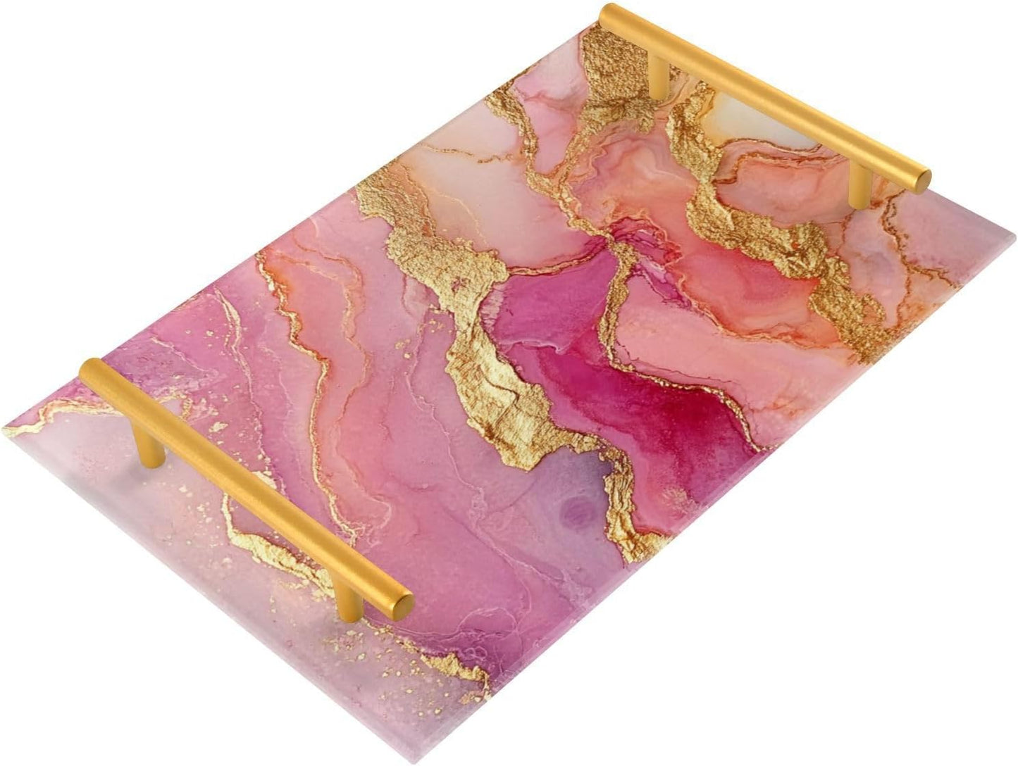 Marble Rose Gold Hot Pink Decorative Acrylic Cafeteria Tray with Handles Flat Serving Tray for Jewelry Perfume for Drink Serving Tabla para desayuno