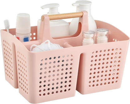 Portable Shower Caddy Basket with Wood Handle, 3-Compartment Bathroom Organizer Tote with Drain Holes, Plastic Shower Basket for Dorm, Toiletries, Cleaning Supplies, Pink