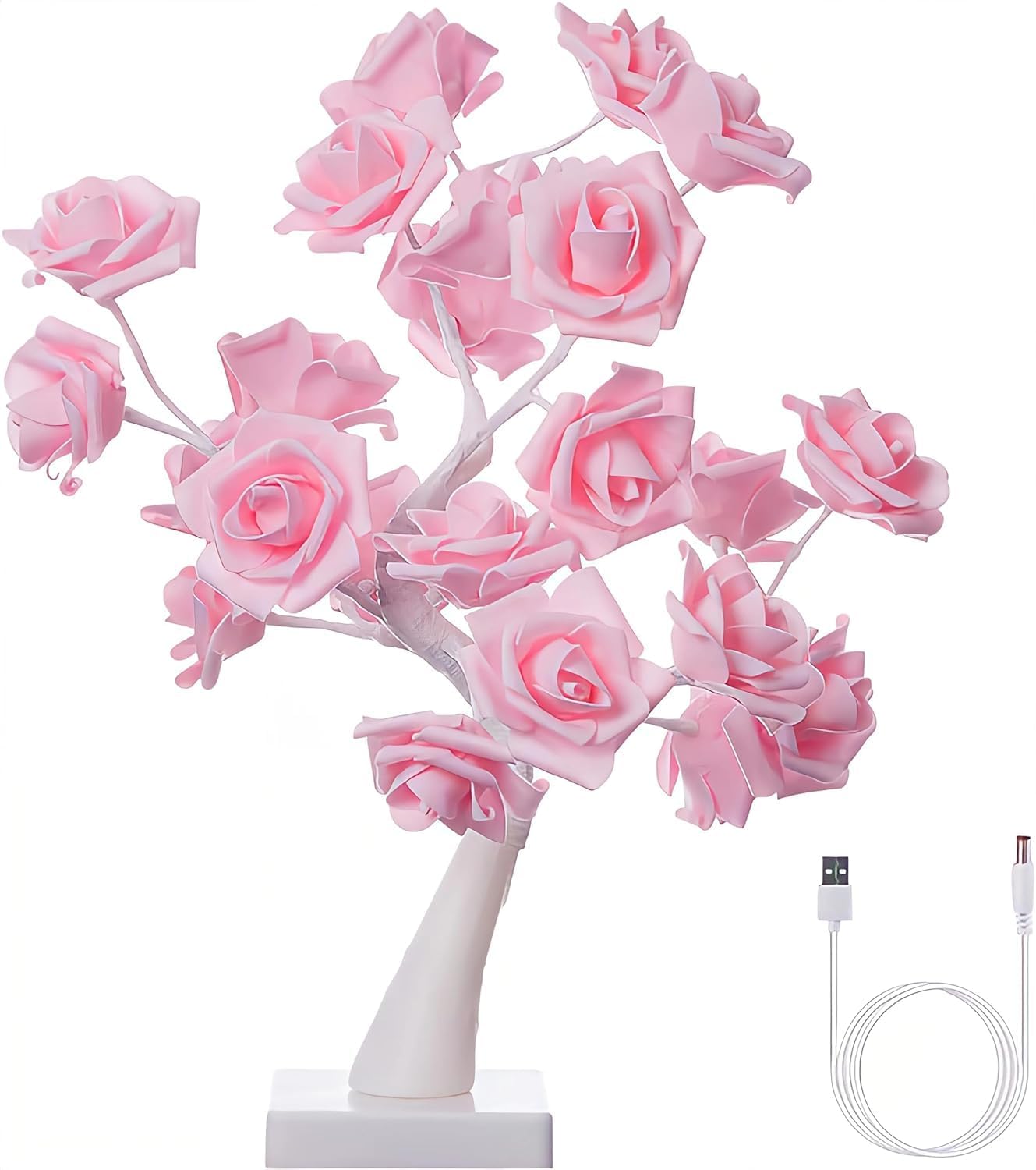 iKenta 18" Tree Table Lamp 24 Pink Artificial Flower Rose,Wedding Light Home Decor Bedside Night Light Battery Powered Pink Table Lamp for Girl Women, Mother's Day, Valentine's Day, Birthday Present