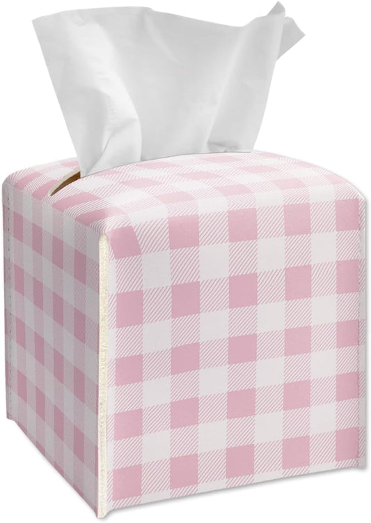 Pink and White Checkered Tissue Box Cover Square, Leather Tissue Box Holder with Bottom Belt, Cute Home Decoration for Bathroom Vanity Countertop, Nightstands, Dining Table, Office, Car -38