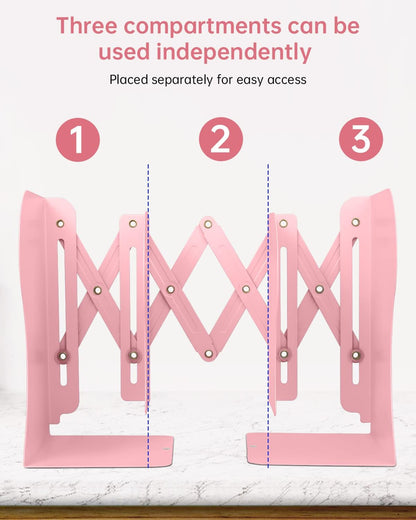 Honagu Adjustable Bookends, Metal Book Ends for Shelves Heavy Book, Desk Magazine File Organizer for Home, Office, Books, Papers, Extends up to 19 inches, for Students,Teachers (Pink)