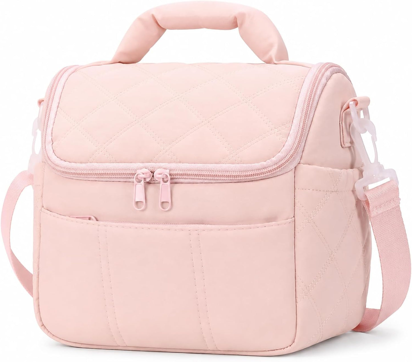 Pink Lunch Bag for Women, Insulated Cute Quilted Lunch Box, Lightweight Puffy Padded Leakproof Lunch Cooler Tote, Reusable Large Thermal Lunch Bag for Work Picnic Travel (Pink-M)