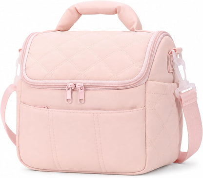 Pink Lunch Bag for Women, Insulated Cute Quilted Lunch Box, Lightweight Puffy Padded Leakproof Lunch Cooler Tote, Reusable Large Thermal Lunch Bag for Work Picnic Travel (Pink-M)