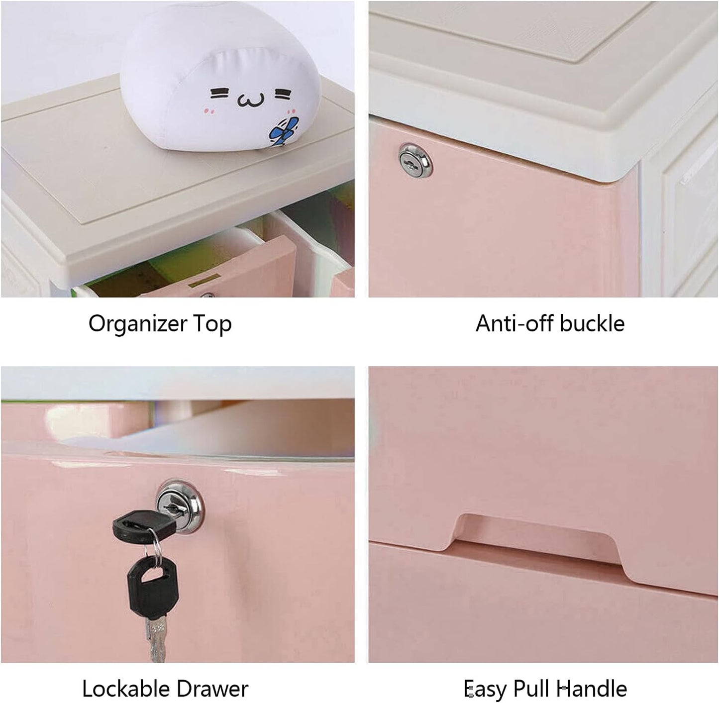 5-Layer 6-Drawer Rolling Storage Cabinet, Pink White PP Dresser with Lock, Modern Organizer, Mobile Clothes Bin with Wheels, Large Capacity, Anti-Slip, Easy Install for Bedroom