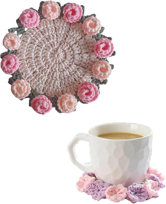 2 PCS Finished Rose Bouquet Coaster Flower Bouquet Blanket Coasters, Tabletop Flowers Mini Handmade Crochet Rose Romantic Knitted Gift for Girls Mom for Birthday (Pink)