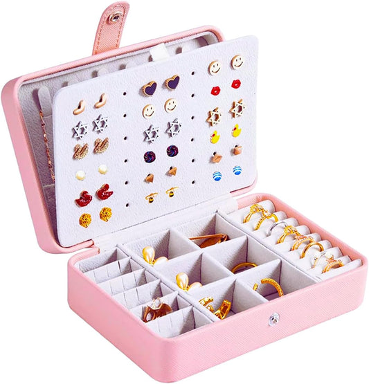 QBestry All-in-One Travel Jewelry Organizer for Women Pink | Small Jewelry Box with 68 Earring Holes | Compact Portable Jewelry Case for Earrings, Rings, Necklaces | Perfect Gifts for Mom Wife Girls