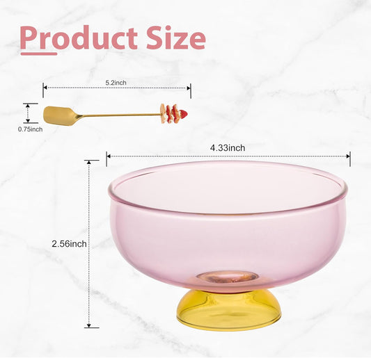Pink Glass Dessert Bowls Set of 6 Ice Cream Bowl with 6 Gold-Plated Spoons Decorative Microwave Safe for Fruit,Snack,Candy Glass Bowl Set