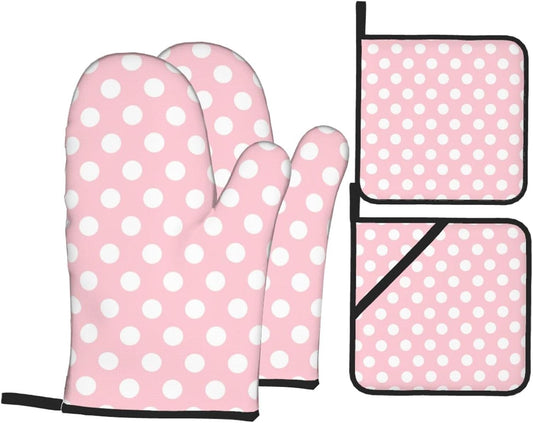 Light Pink Polka Dot Print Oven Mitts and Pot Holders 4 pcs Set, Heat Resistant Silicone Oven Mitts Pot Holders for Kitchen Baking Cooking, Non-Slip Hot Pads Potholders Gloves