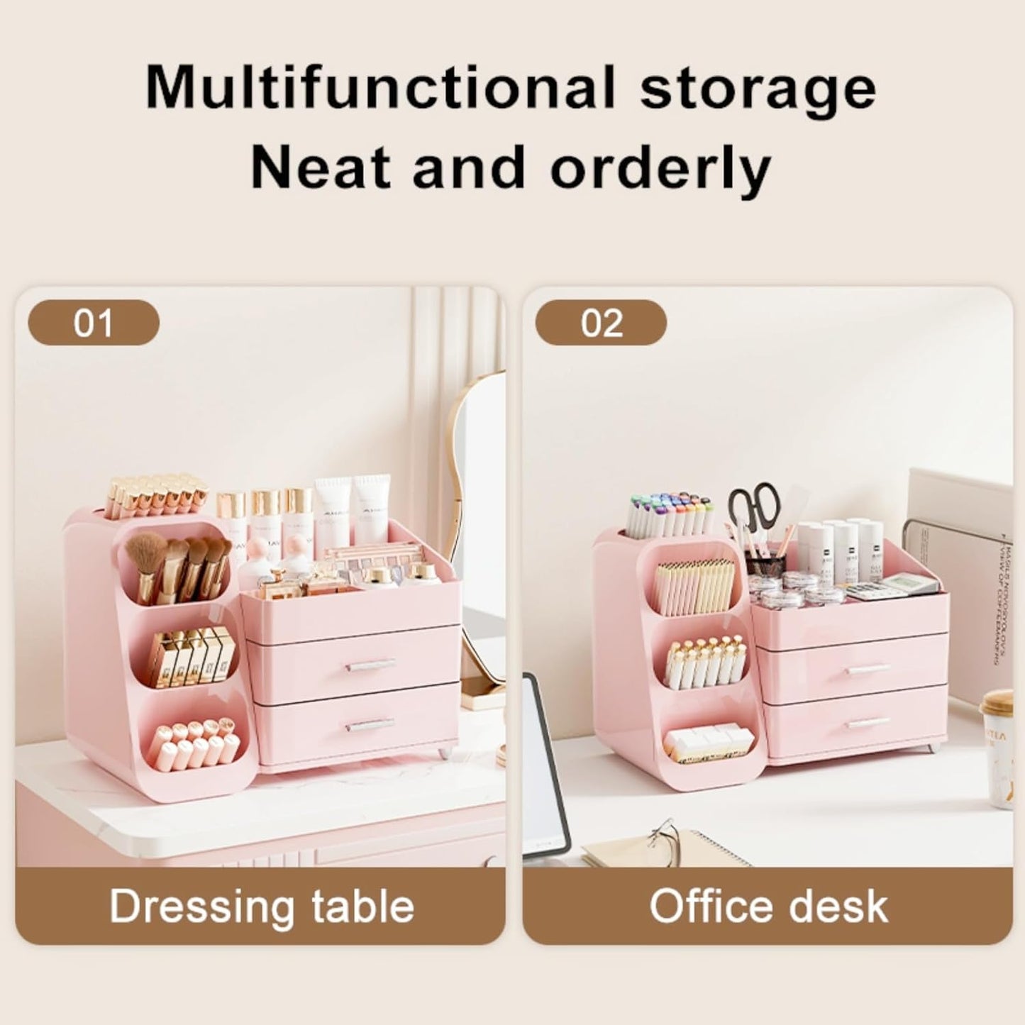 Makeup Organizer with Drawers,Large Capacity Countertop Organizer for Vanity,Bathroom and Bedroom Desk Cosmetics Organizer,Easy To Storage Skincare,Brushes,Lotions (All Pink)