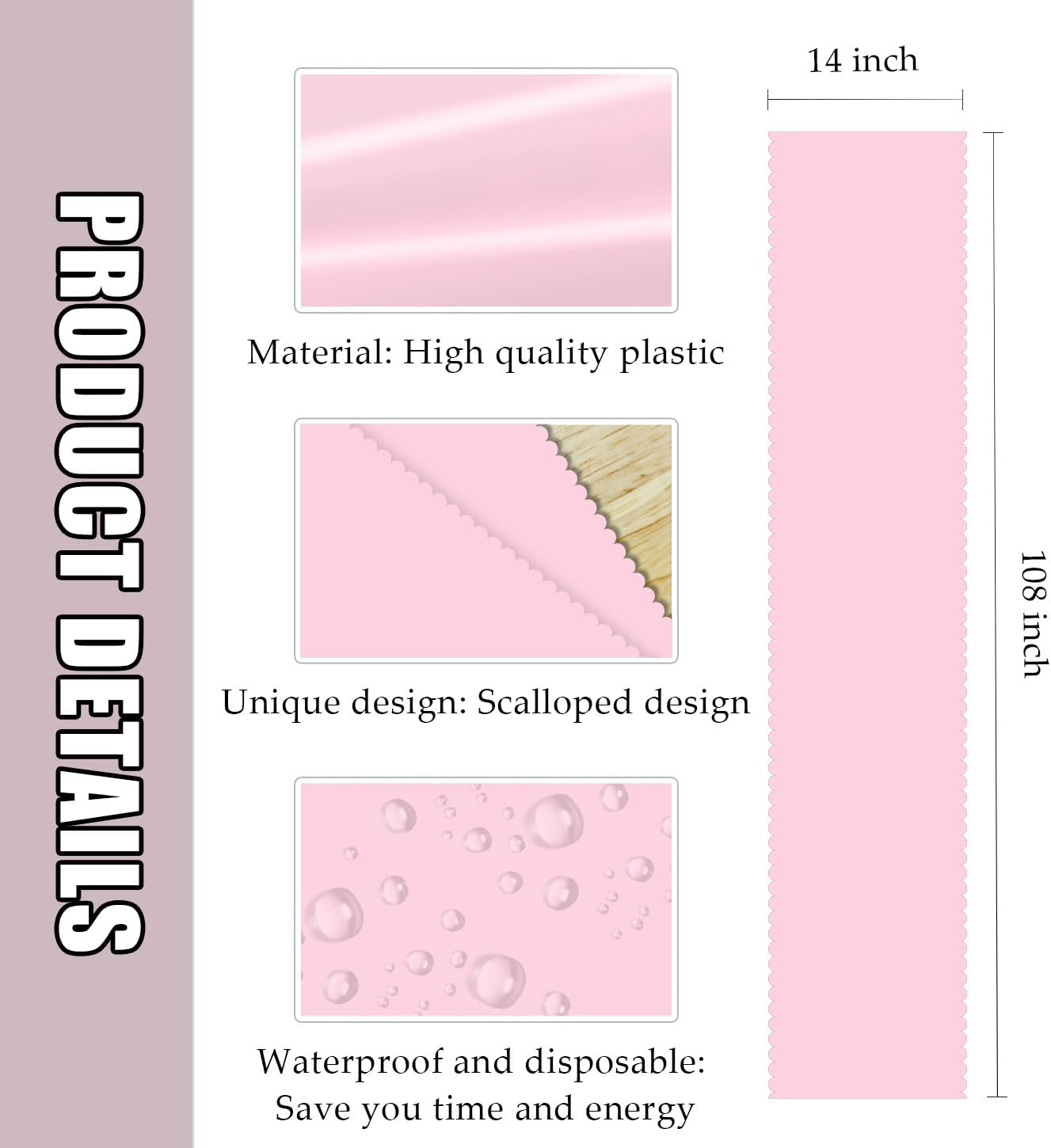 6 PCS Light Pink Scalloped Table Runner Plastic 14 x 108 Plastic Runners for Birthday Wedding Baby Shower Party Holiday Table Centerpiece Decorations Disposable Table Runner