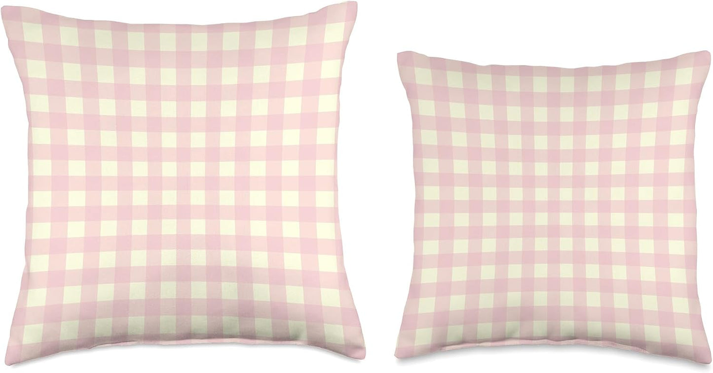 Cute Light Pink Yellow Gingham Check Plaid Checkered Pattern Throw Pillow