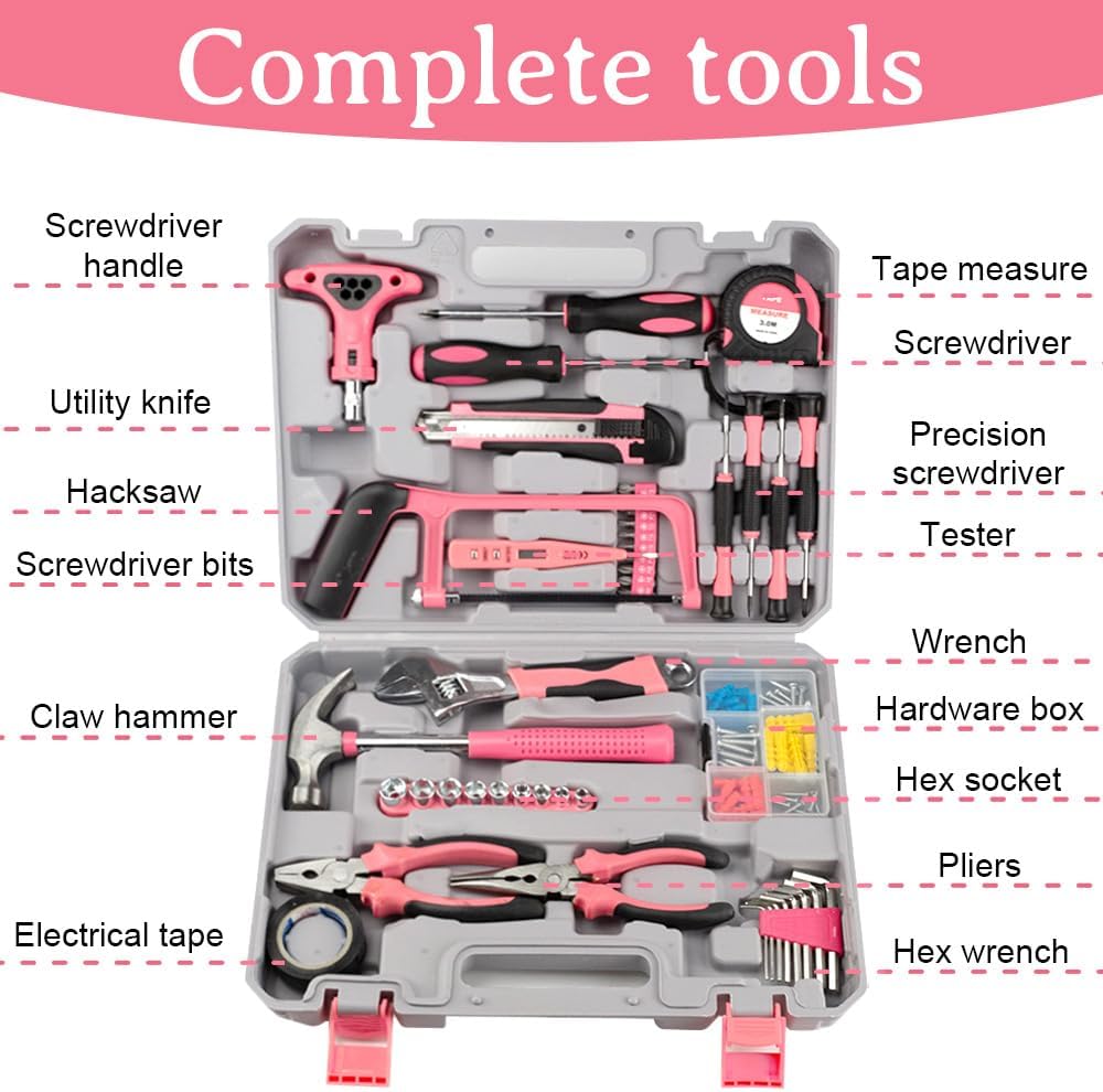 103Piece Pink Tool Set,Household DIY Tool Box for Women With Storage Case,Home, Office and College Dorm Toolkit of Starter Basic Ladies Tools