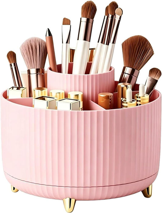360 Rotating Makeup Brush Holder Organizer, 5-Slot Spinning Cosmetics Cup for Makeup Brushes, Nail Polish & Art Supply, Bathroom Vanity Desktop Organizer, Pink