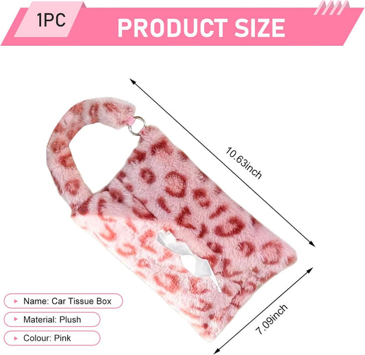Leopard Print Car Tissue Box, Hanging Cute Plush Car Tissue Holder, Snap-on Design 7.09" x 10.63" Tissues Storage Box, Universal for Most Cars (Pink)