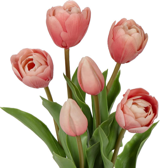 DILATATA 6 Pcs Artificial Tulips Flowers Pink Real Touch Fake Latex Tulips Flowers for Mother's Day 14" Faux Tulips Faux Flowers for Vase Centerpieces Home Wedding Bouquet