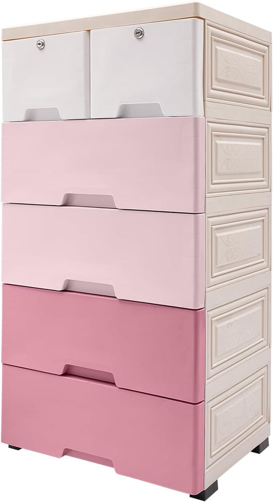 NOLANTIS Kids Plastic Storage Cabinet with 6 Drawers and Locks, Food-Grade PP Material, Large Capacity Organizer with Wheels and Safety Features for Bedroom, Nursery & Playroom (Gradient Pink)