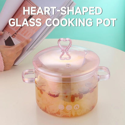 Pink Glass Saucepan with Lid and Handle,Heart-Shaped Glass Cooking Pot, 1.5L/50oz GlassCooking Pot,Heat Resistant,Safe for Oven,Gas,Electric Stoves and Dishwashers Safe,for Pasta Soups Potpourri