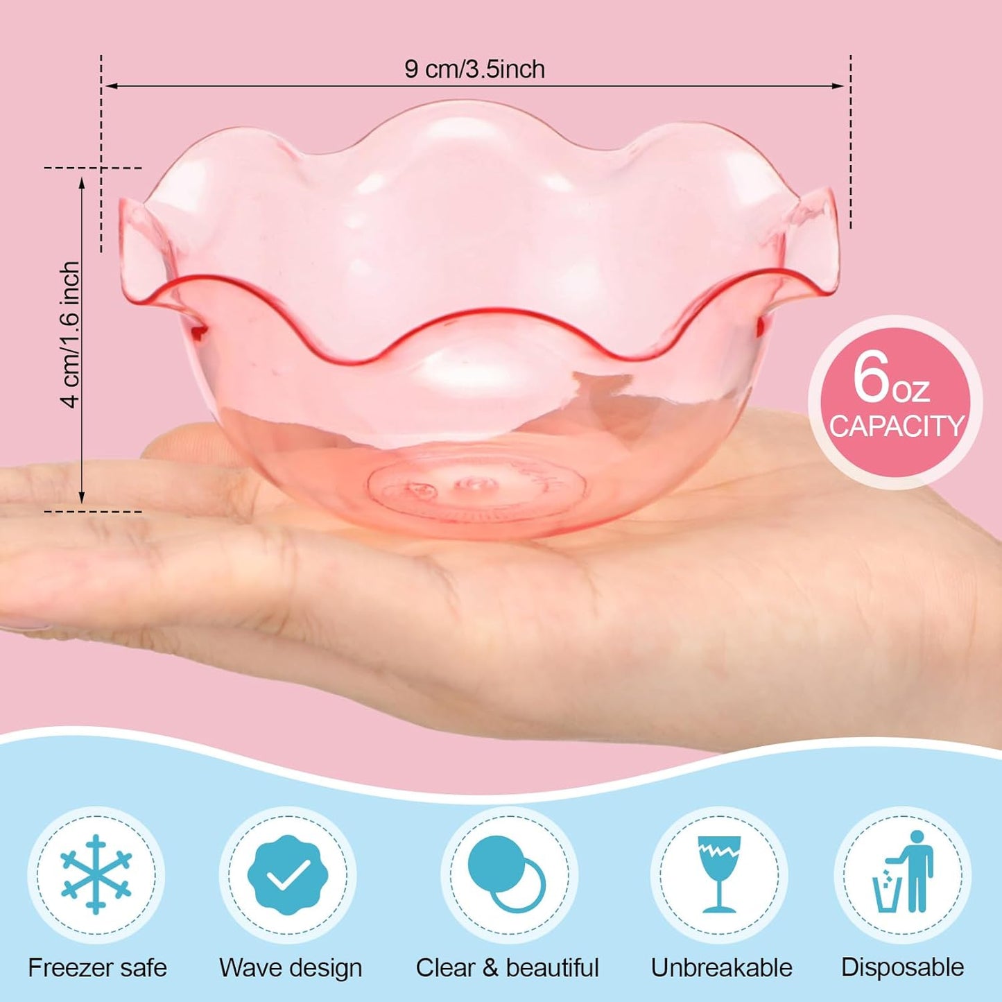 Newtay 50pcs 6oz Small Plastic Dessert Bowls Ice Cream Bowls Reusable Flower Shaped Party Serving Elegant Buffet Serving Cups for Nuts, Salad, Fruit, Snacks and Yogurt (Pink)