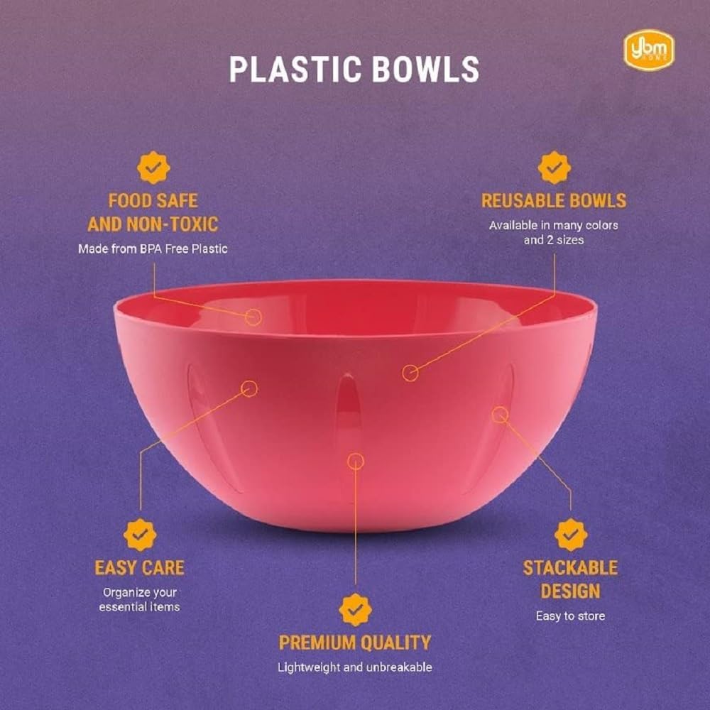 YBM HOME 10-Inch Plastic Serve Mixing Bowl for Everyday Meals can hold 120 oz, 3.75 qt. Ideal for Cereal, Snacks, Popcorn, Salad, and Fruits, Microwave Safe, Pink