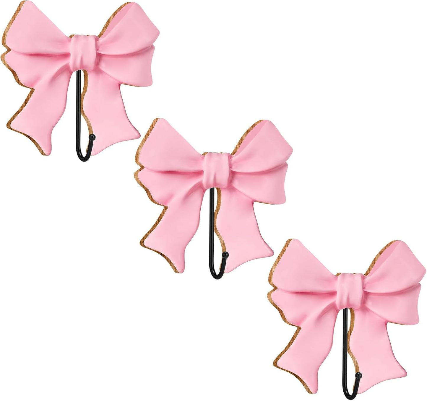 Kathfly 3 Pcs Pink Bow Coat Hooks Large Wooden Bow Coat Hook 5 Inch Coquette Decorative Metal Holder Pink Wall-Mounted Hanger for Bathroom Living Room Hanging Towels Coats Bags Keys
