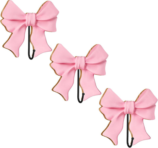 Kathfly 3 Pcs Pink Bow Coat Hooks Large Wooden Bow Coat Hook 5 Inch Coquette Decorative Metal Holder Pink Wall-Mounted Hanger for Bathroom Living Room Hanging Towels Coats Bags Keys