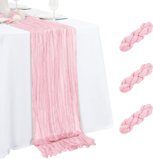 3 Pack Light Pink Table Runner 17x108 Inch Cheesecloth Table Runner Boho Gauze Table Runners Romantic Rustic Sheer Fabric Cheese Cloth Table Runners for Wedding Party Baby Shower Birthday Home Decor