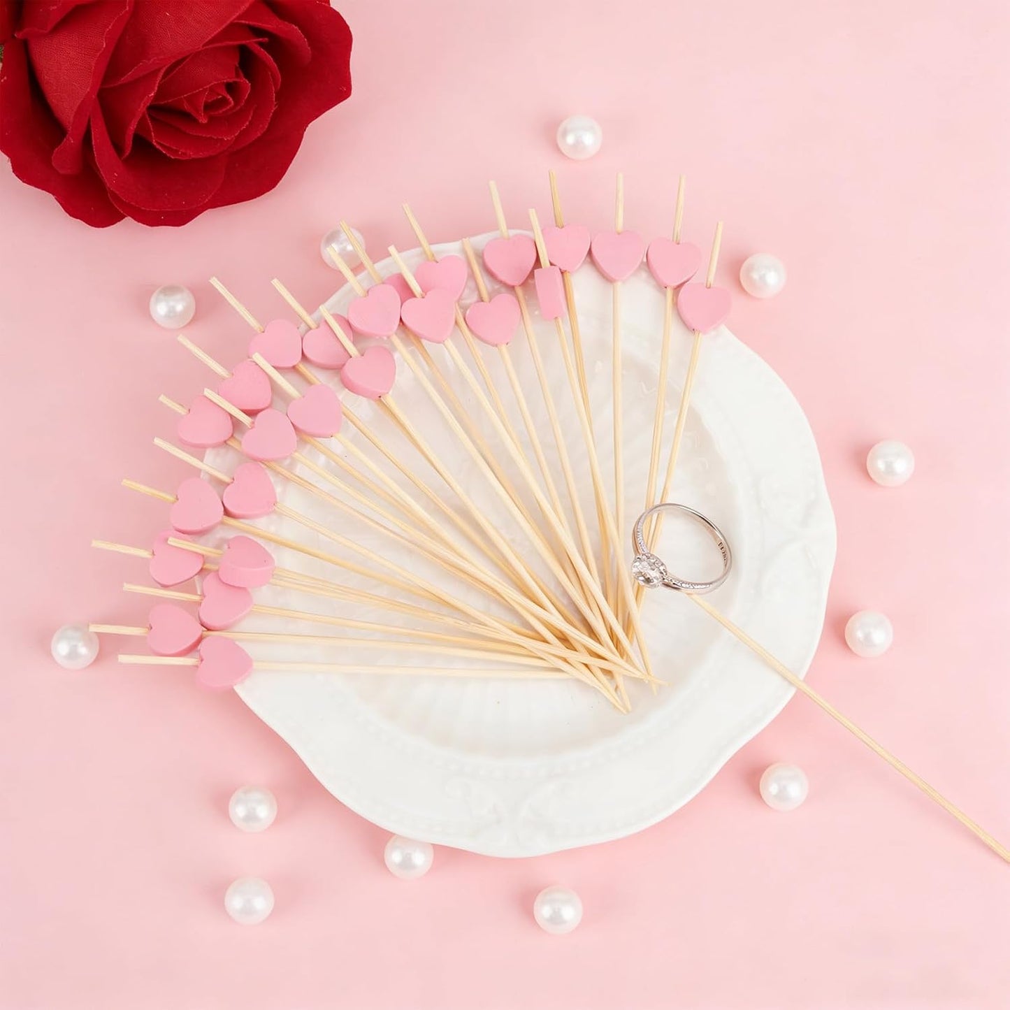 Pink Heart Cocktail Picks, 100Pcs Heart Toothpicks for Appetizers, 4.7 Inch Long Bamboo Cocktail Sticks Skewers Food Fruit Toothpicks Dessert Charcuterie for Galentines Valentines Day Party Decoration