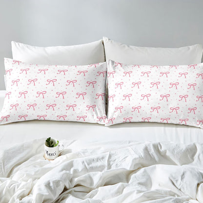 Erosebridal Pink Bow Girls Bed Sheets Queen Coquette Bows Sheet Set Ribbon Bowknot Bedding Set for Kids Girls Boys Adults Girly Preppy Dreamy Princess Fitted Flat Sheets 4 Piece