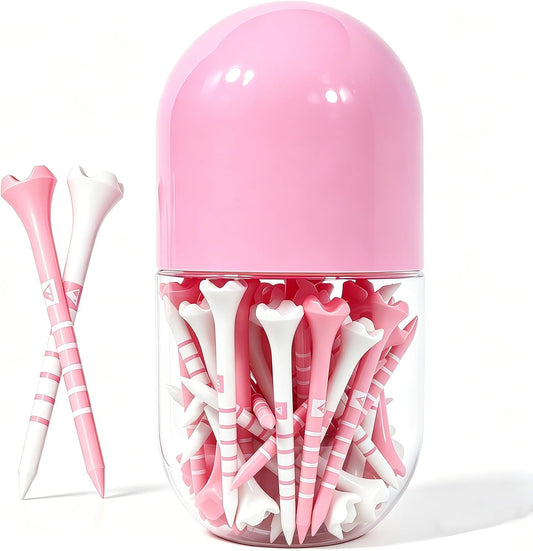 Stable & Durable Plastic Golf Tees 60Pcs Size 2-3/4 Inch or 3-1/4 Inch Packaged in Plastic Jar with Lid Available Pink White Blue Color