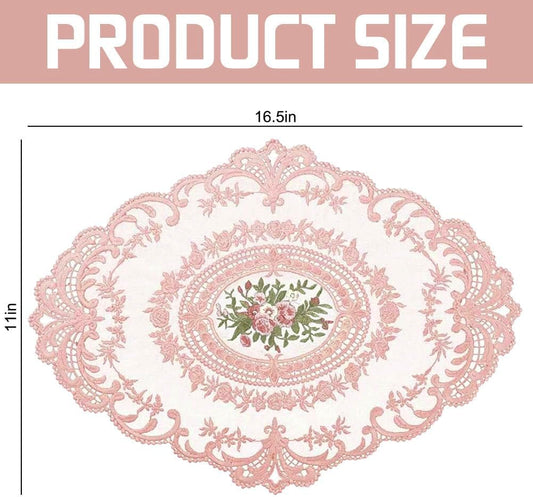 10Pcs Lace Doilies for Table Floral Embroidered Lace Placemats Handmade Crochet Doilies 11'' x 16.5'' Exquisite Retro Victorian Table Mat for Wedding Cup Vase Table Decor (Pink)