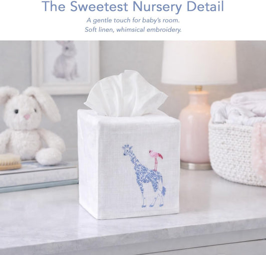 Jacaranda Living Decorative Nursery Tissue Box Cover – Soft Linen Cotton Square Tissue Holder for Baby Nursery, Kids Bathroom & Child’s Room Décor, Blue Giraffe & Pink Flamingo Embroidery