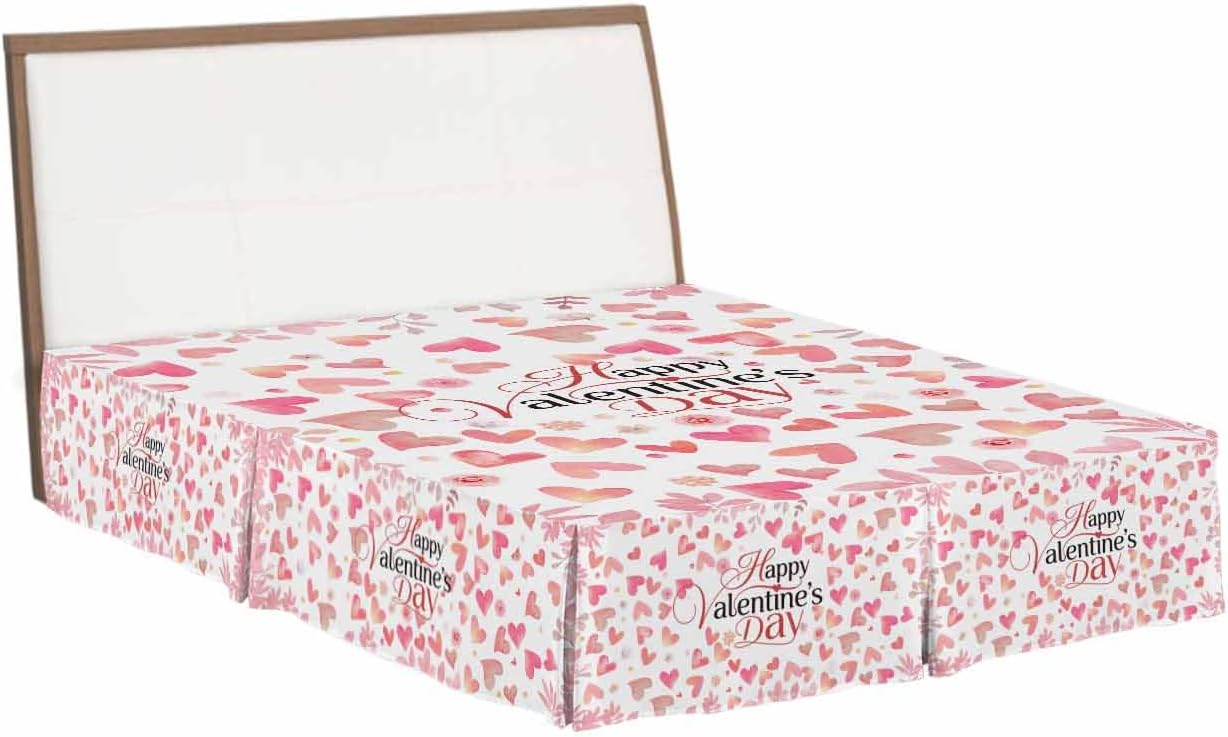 Valentine's Day Bed Skirt Queen Size 16 Inch Drop with Split Corners, Dust Ruffled Pleated Bed Skirts Wrap Around Tailored Bedding Skirt Valance for Bedroom Peach Pink Love Floral Modern Romantic