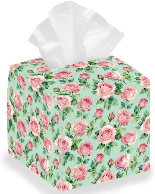 Pink Roses Tissue Box Holder Leather Square Foldable Flowers Facial Paper Decorative Tissue Box Cover Paper Towel Case Container Organizer for Tabletop Bathroom Vanity Countertop Night Stand