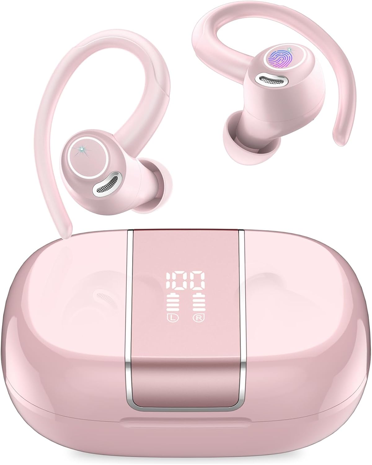 Wireless Earbuds Bluetooth 5.3 Headphones Sports, 48H Earphone with ENC Mic, Stereo Deep Bass Bluetooth Earbuds with Secure Earhooks, LED Display, IPX7 Waterproof Over Ear Buds for Running Coral Pink