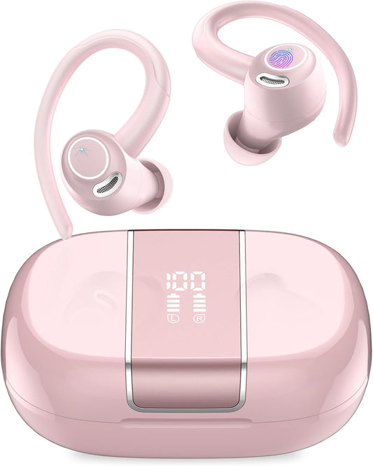 Wireless Earbuds Bluetooth 5.3 Headphones Sports, 48H Earphone with ENC Mic, Stereo Deep Bass Bluetooth Earbuds with Secure Earhooks, LED Display, IPX7 Waterproof Over Ear Buds for Running Coral Pink