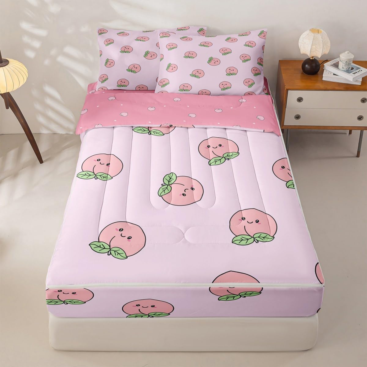 Erosebridal Pink Peach Zipper Bedding Set Twin Size Kids Kawaii Zippered Comforter Set Girl Lovely Cute Fruits Bed in a Bag Cartoon Fruit Food Comforter with Sheets