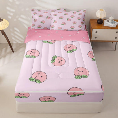 Erosebridal Pink Peach Zipper Bedding Set Twin Size Kids Kawaii Zippered Comforter Set Girl Lovely Cute Fruits Bed in a Bag Cartoon Fruit Food Comforter with Sheets