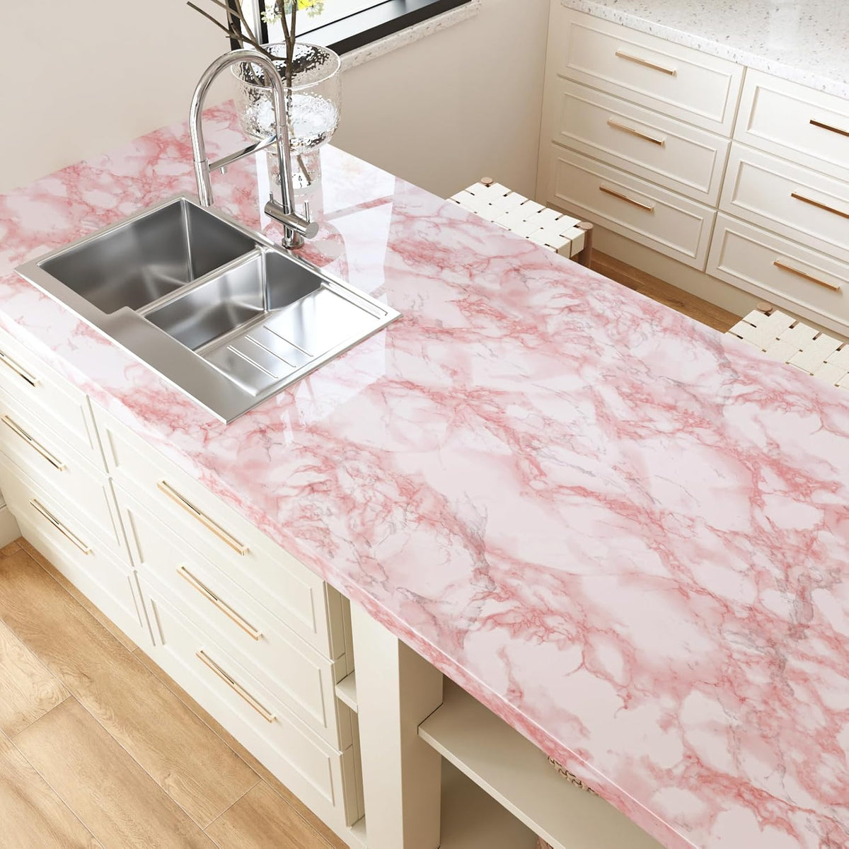 Pink Marble Contact Paper Wallpaper Stick and Peel 15.74 x118.11inches Self Adhesive Removable Waterproof Wall Covering for Table Countertop Cabinet Drawer