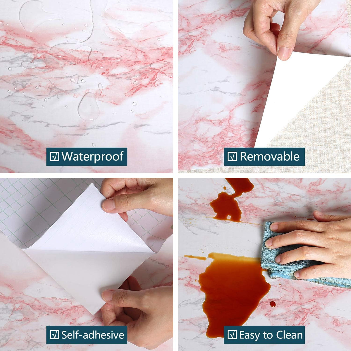 Pink Marble Contact Paper Wallpaper Stick and Peel 15.74 x118.11inches Self Adhesive Removable Waterproof Wall Covering for Table Countertop Cabinet Drawer