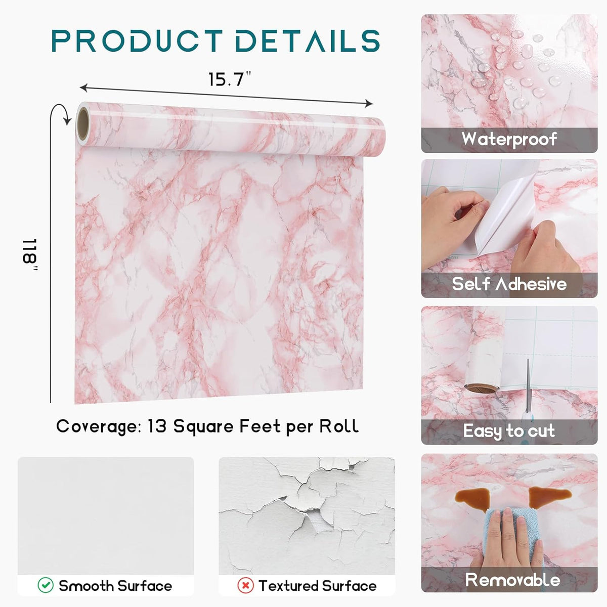 Pink Marble Contact Paper Wallpaper Stick and Peel 15.74 x118.11inches Self Adhesive Removable Waterproof Wall Covering for Table Countertop Cabinet Drawer