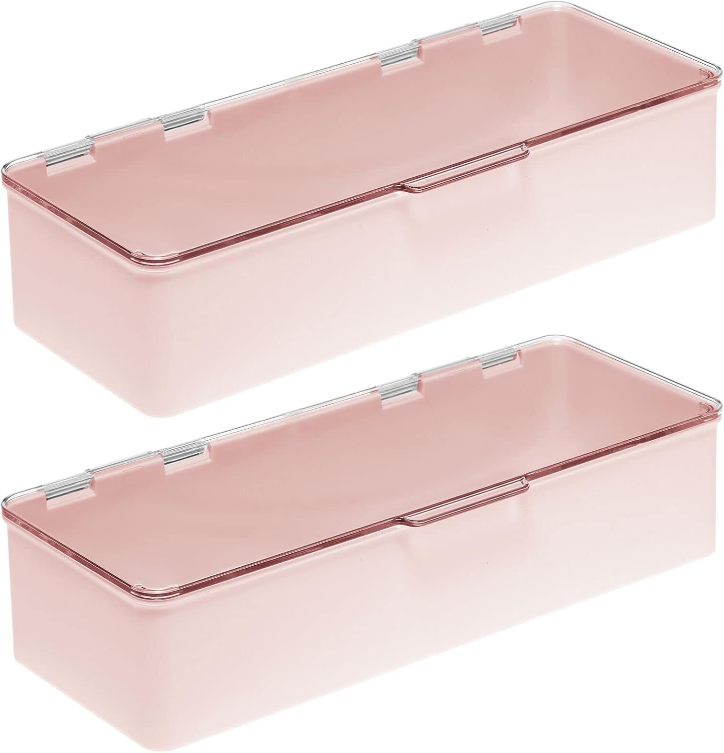 mDesign Long Plastic Cosmetic Storage Organizer Box Containers with Hinged Lid for Bedroom, Bathroom Vanity Shelf or Cabinet, Holds Masks, Palettes, Lotion, or Nail Polish, 2 Pack - Light Pink/Clear