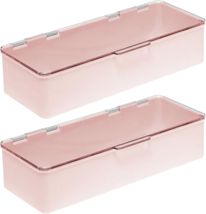 mDesign Long Plastic Cosmetic Storage Organizer Box Containers with Hinged Lid for Bedroom, Bathroom Vanity Shelf or Cabinet, Holds Masks, Palettes, Lotion, or Nail Polish, 2 Pack - Light Pink/Clear