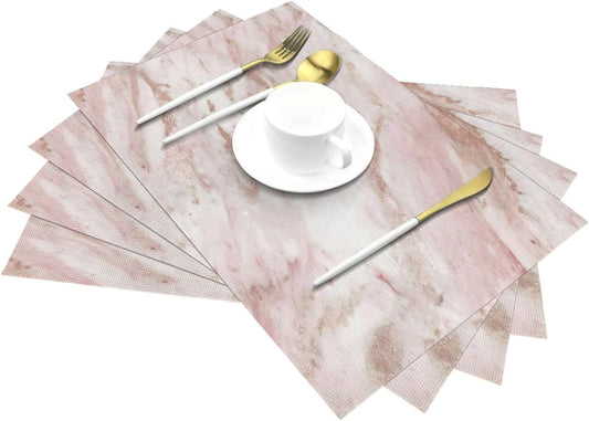Pink Marble - Rose Gold Accents 6pc Woven PVC Placemats, Heat Resistant Table Mats for Kitchen Decor
