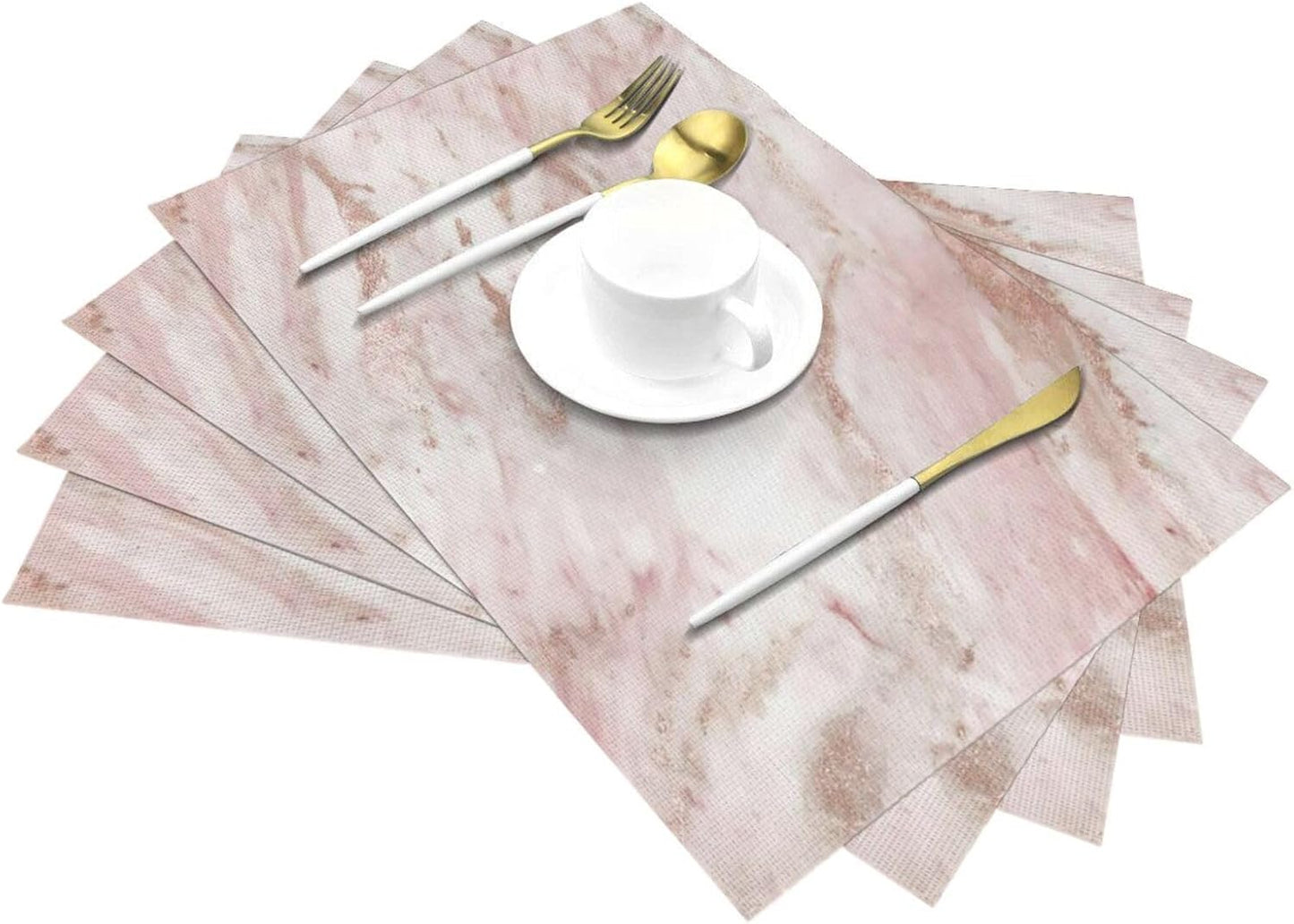 Pink Marble - Rose Gold Accents 6pc Woven PVC Placemats, Heat Resistant Table Mats for Kitchen Decor