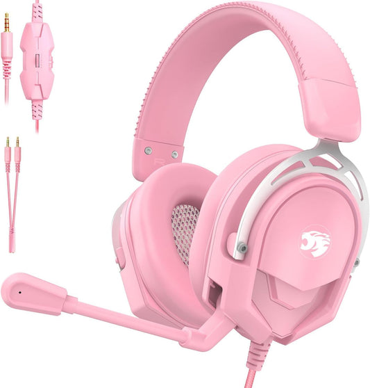 K98 Gaming Headset with Mic, Wired Over Ear Headphones for PC, PS5, PS4, Xbox One, 50mm Stereo Surround Sound, Aluminum Frame, Memory Foam Ear Cushions, Noise Cancelling Mic (Pink)