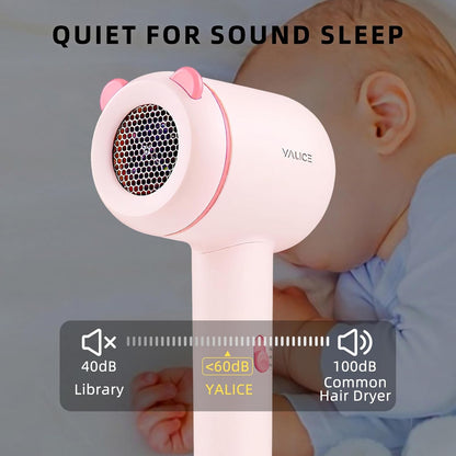 YALICE Kids Hair Dryer, Travel Small Hair Dryer for Children, Mini Ionic Quiet Kids Blow Dryer with ALCI Safety Plug, 3 Speed Settings, Anti-Scald, Kids Birthday Gift for Baby Hair Accessories, Pink