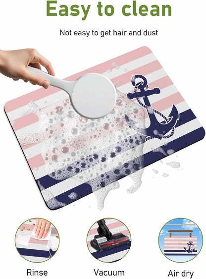 Anchor Pink Doormat Bath Mat Quick Dry Non Slip Rug with Rubber Modern Navy Blue White Striped Nautical Water Absorbing Mat for Bathroom Kitchen Front Door Laundry Room 30" x 18"