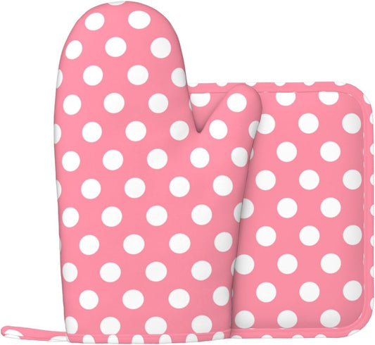 Light Pink Polka Dot Print (a) Oven Mitts and Pot Holders Sets - Heat Resistant Silicone Oven Mitts Pot Holders for Kitchen Cooking Baking, Non-Slip Ovens Gloves Hot Pads Potholders