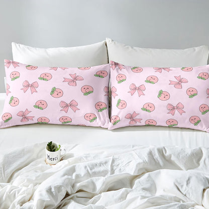 Erosebridal Bowknot Bed Sheets Set King Peach Sheet Set Cute Cartoon Peaches Kawaii Pink Bow Sheets Fruit Princess Ribbon Bowtie Flat Fitted Sheet