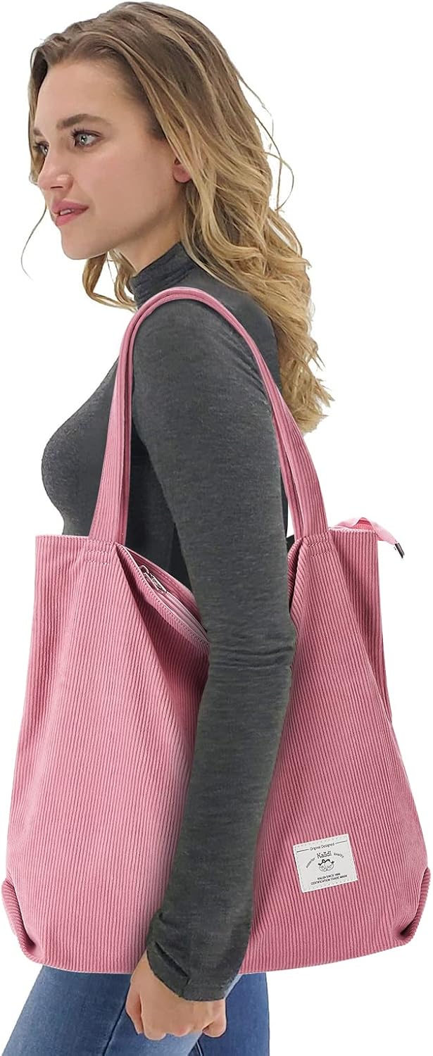 KALIDI Women Corduroy Tote Bag Zipper Casual Tote's Handbag Big Capacity Shoulder Bag with Pockets